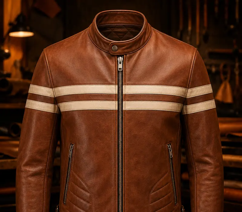 Racer Jacket kulit cokelat bergaya racing dari KAYAQU